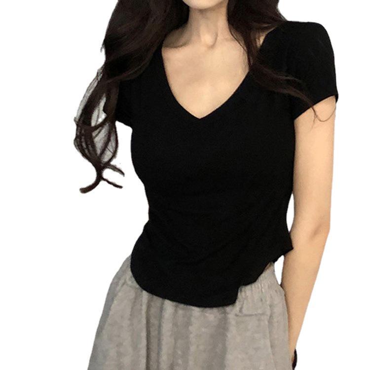 Women's V-Neck Slim Fit Short-Sleeve Irregular Hem Summer Top 2025