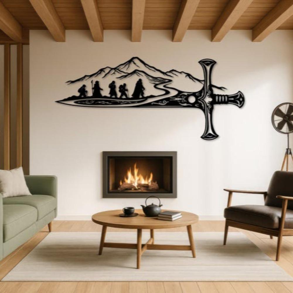 Herr der Ringe Metall Wanddeko, Fantasy Schwertkunst, Epische Reise Silhouette, Abenteuer Berglandschaft, Geschenk für die Männerhöhle