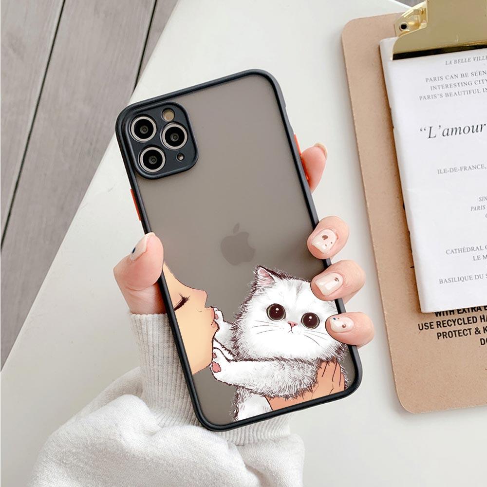Cute Shockproof Translucent Matte Phone Case For Iphone 11 12 13 Pro Max Mini 7 Plus XR X S Cover Lovely Cat Kiss Refuse To Kiss