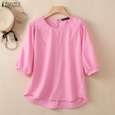 Women Casual Round Neck Solid Color Loose Short Sleeve Blouse