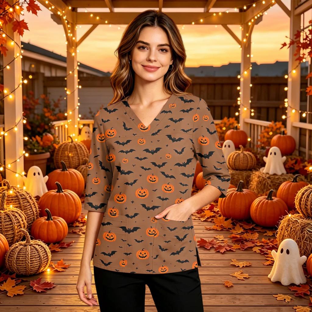 Women's V-Neck Scrub Top with Pockets, Halloween Print, 3/4 Sleeve Side Slit Tunic for Work or Costume