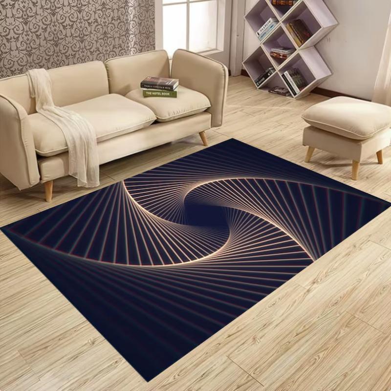 3D Vortex Carpet, Spiraling Gold Line On Sapphire Blue Background Rug, Reflective Illusion Floor Mat for Statement Interiors