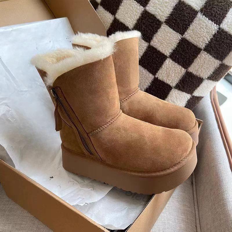 Winter Women's Mid-tube Cotton Boots Fashion Round Toe Side Zipper Platform Anti-slip Wear-resistant Flat Snow Boots Botas Mujer