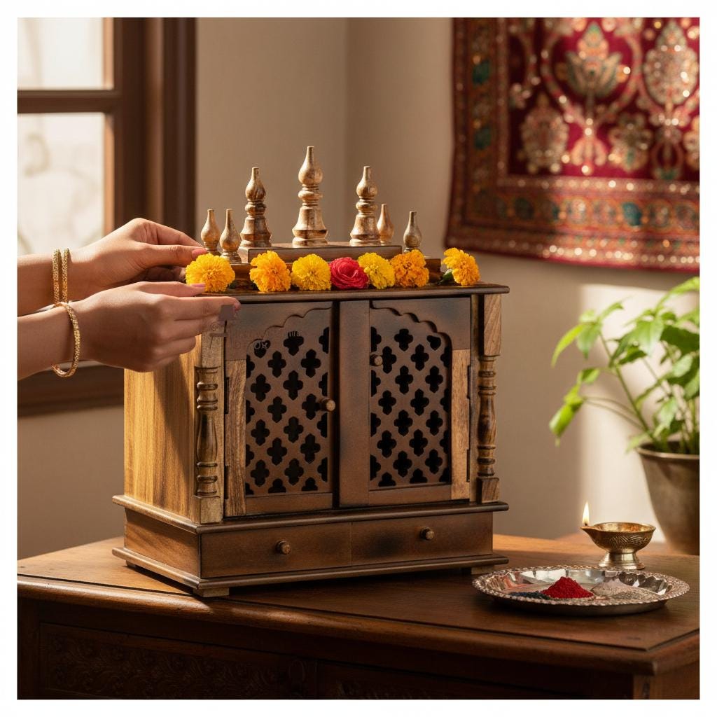 

Wooden Pooja Mandir | Home Wall Temple with Brass Work Indian Puja Mandap,Prayer Altar for Home & Office-Worship Drawers Religion Decor Art