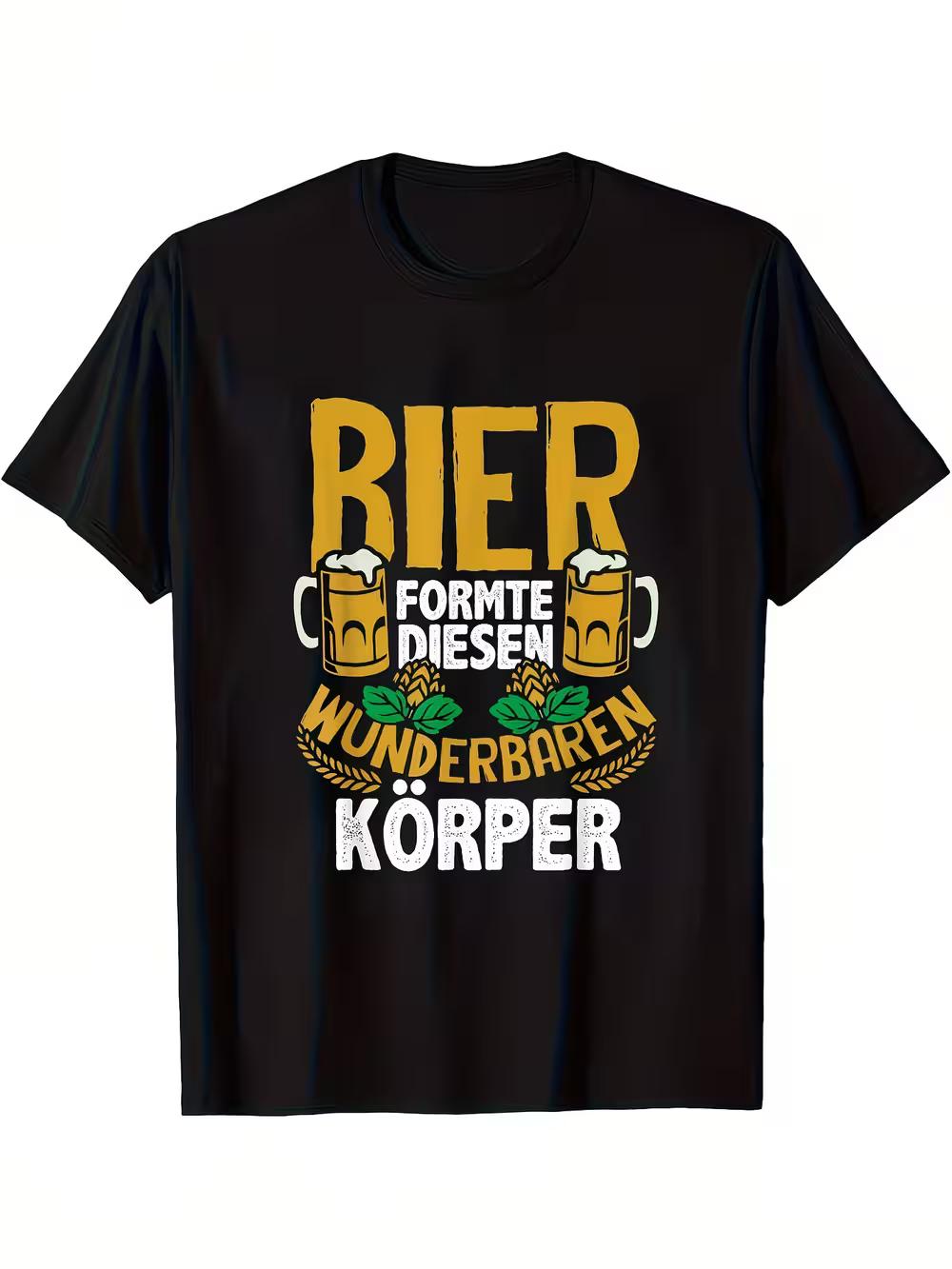 

Men S Humorous Beer Slogan T-Shirt - Beer Shapes The Perfect Body Featuring German Text And Hop Design L