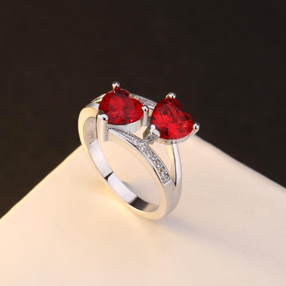 S925 Silver Plated Double Heart Zircon Rings for Women Colorful Sparkling Zirconia Ring Fashion Jewelry