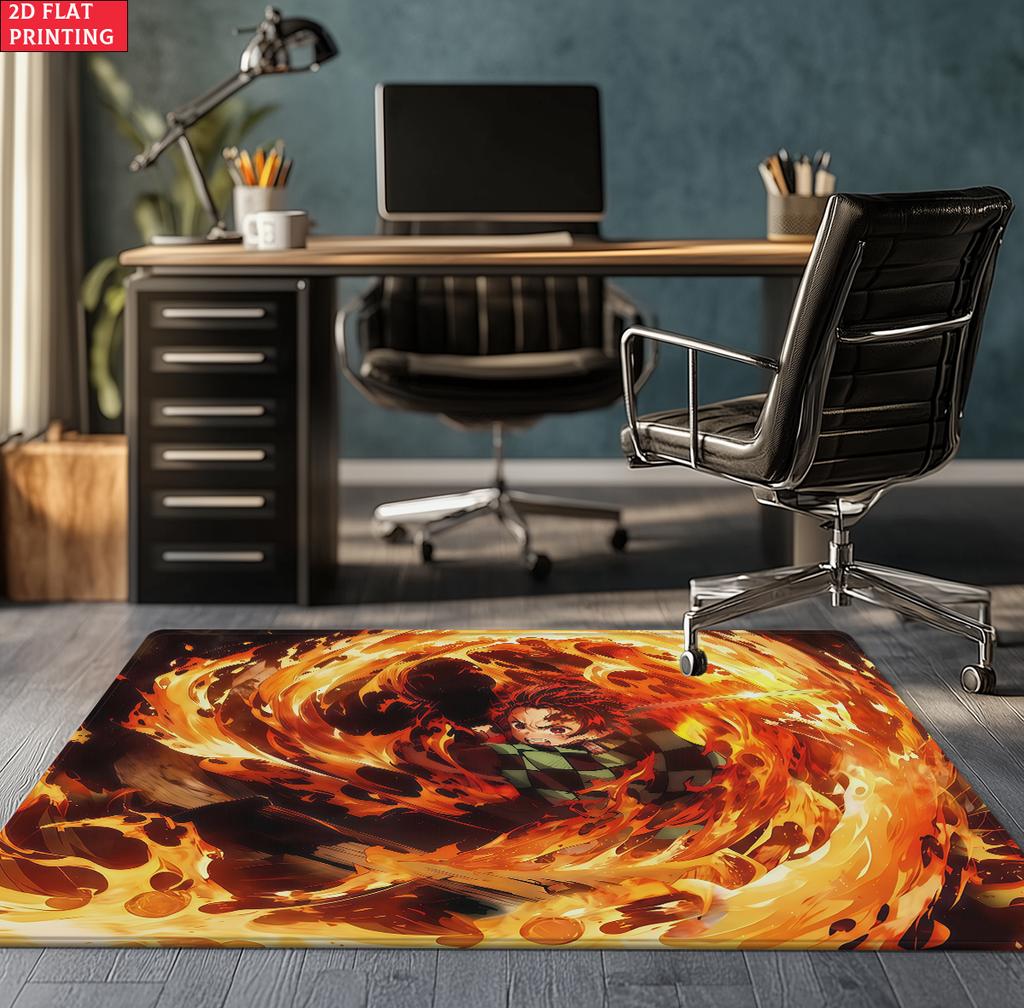 Anime Swordsman Area Rug, Blue Water Wave Theme  Floor Mat, Decorative Carpet for Gaming Room Bedroom, Washable Home Decor Gift