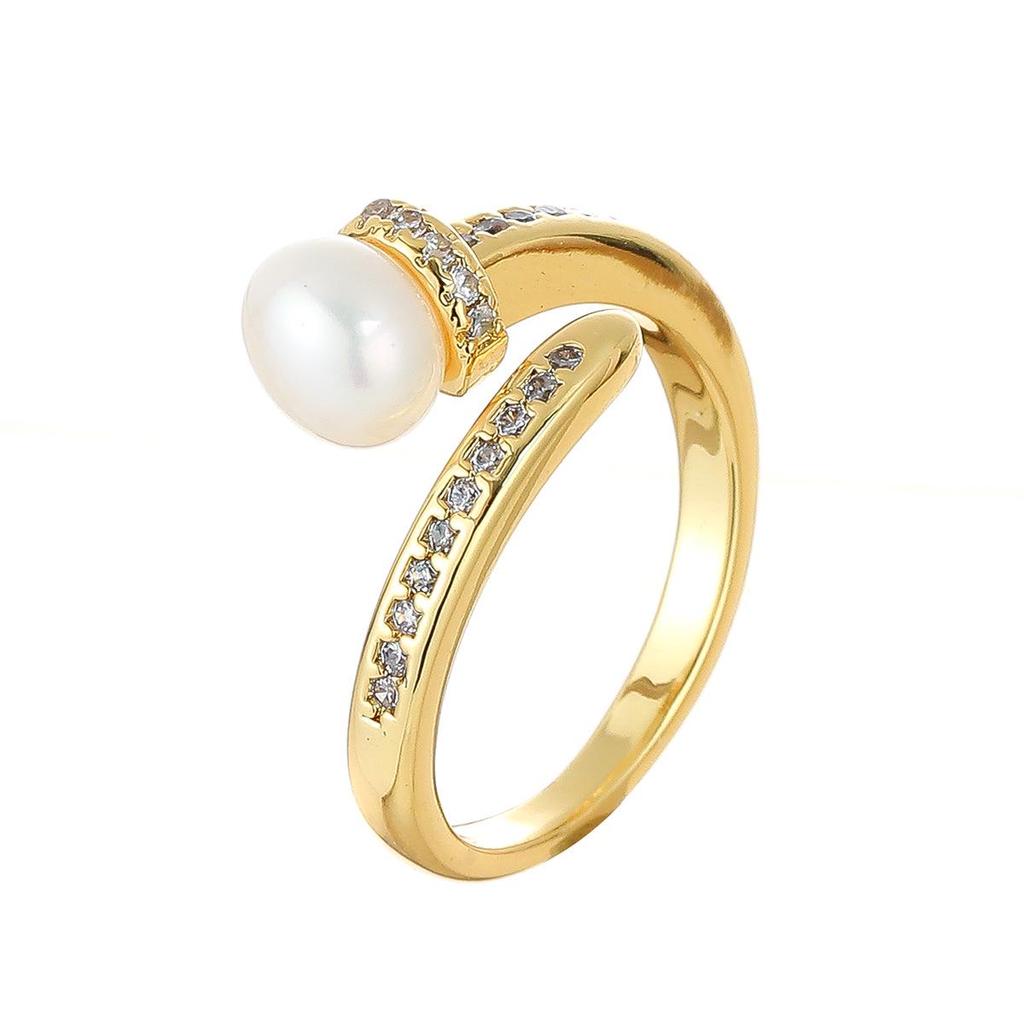French Luxury Freshwater Pearl & Zircon Geometric Open Ring for Women
