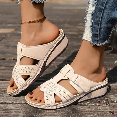 Summer New Solid Color Fish Mouth Slope Heel Slippers with Hollow Simple Roman Anti-slip Leather Slippers