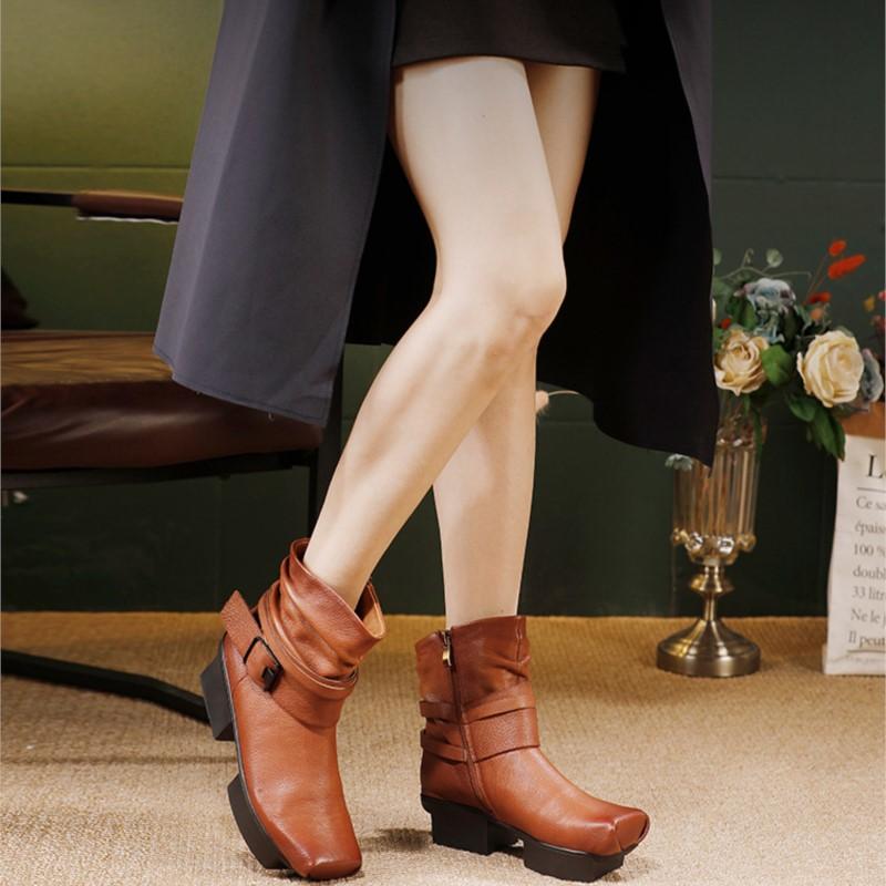 Johnature Cowhide Women's Short Boots Genuine Leather Versatile Mid Heel Square Toe Boots