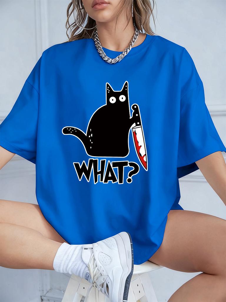 Schwarze Katze mit Messer Aufdrucken Kurzarm T-Shirts Damen Sommer Baumwolle T-Shirts Locker O-Ausschnitt Weiche Oberteile Streetwear