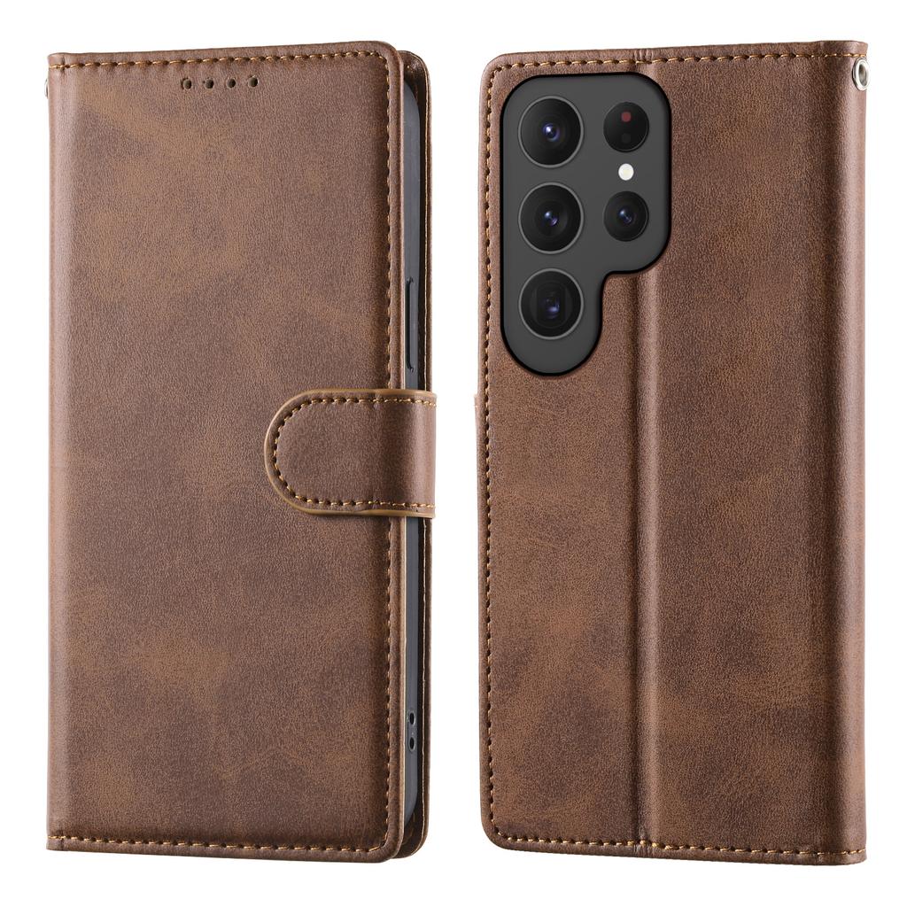 Etui Portfel z Podstawką na Samsung Galaxy S25 Ultra, Tekstura Skóry Cielęcej, PU Skóra, Klapka z Paskiem na Nadgarstek