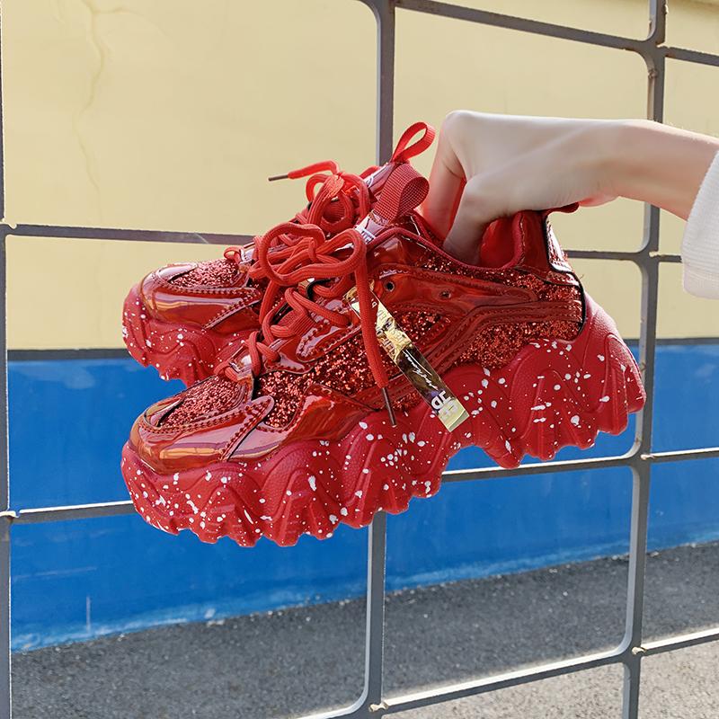 Reflective Chunky Sneakers Women Fashion Glitter Bling Vulcanized Shoes Woman Designer Platform Sneakers Shoes