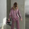 Women's Silk Fabric Long Pants Set Leopard Button Up Collar Shirt Elastic Waist Loose Wide Leg Pants Daily Commuting 2-piece Set