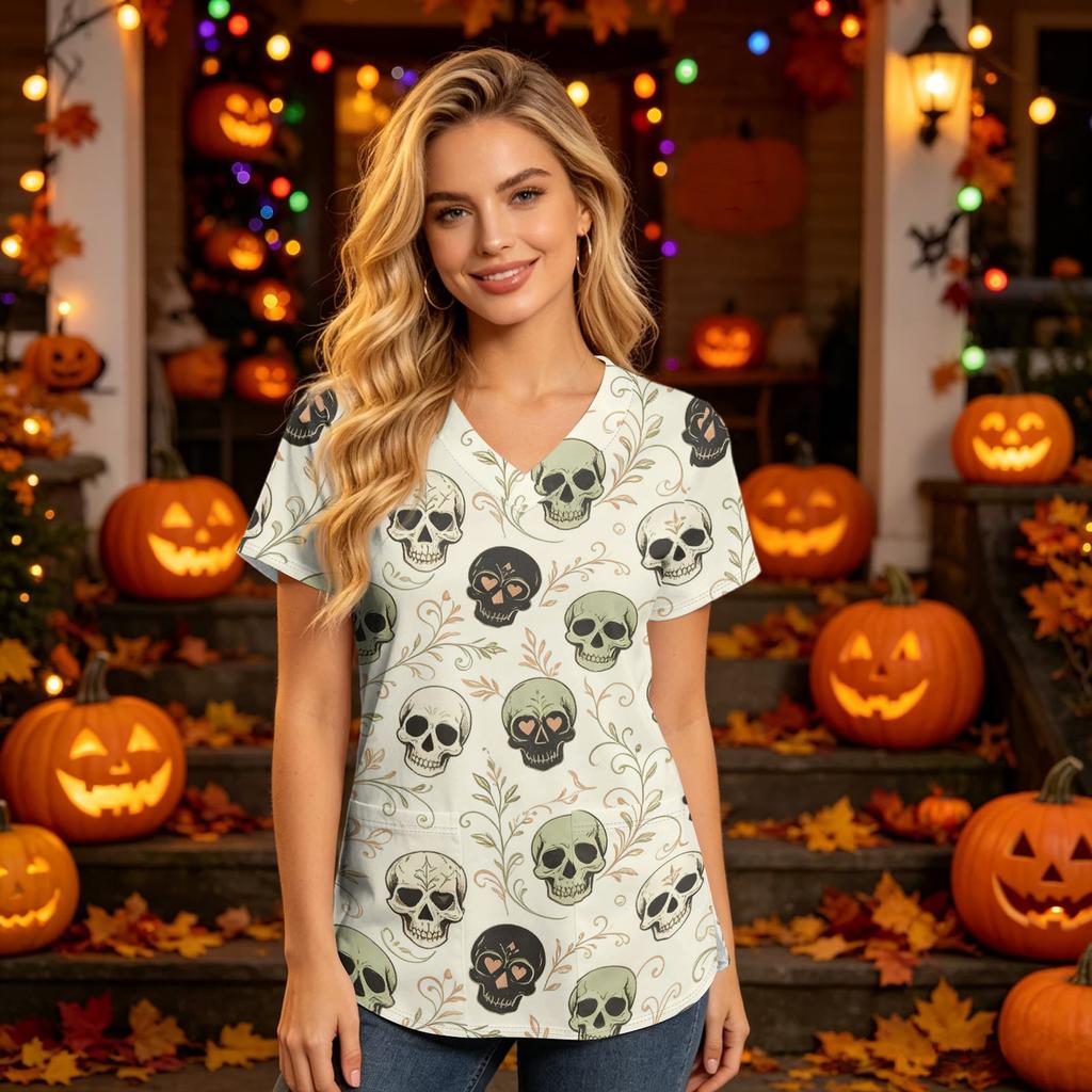 Damen V-Ausschnitt Kurzarm Kasack mit Taschen Halloween-Print Pflegekraft Uniform