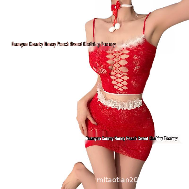 Red See-Through Christmas Lingerie Set with Mesh Nightdress & Suspenders