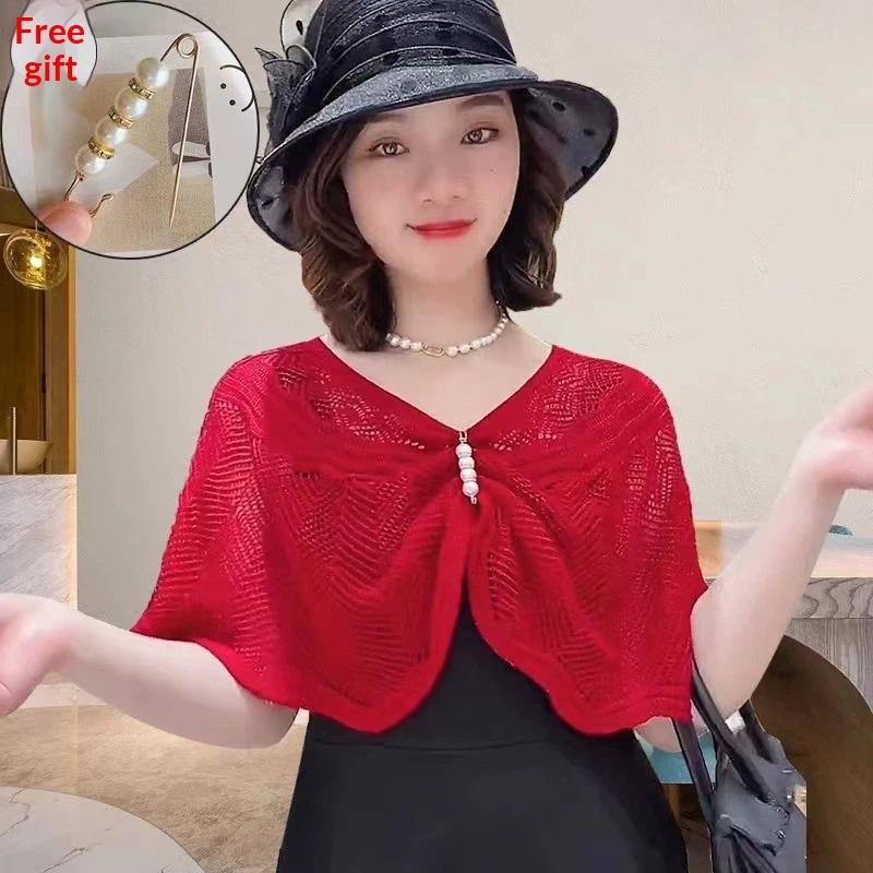 

Fashion Knitted Shawl With Brooch Hollow Out Summer Air Conditioning Fake Collar Neck Cape Shoulder For Women красный