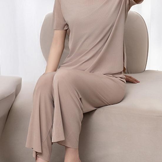 2Pcs/Set Summer Pajamas Set O-Neck Short Sleeve Tee Shirt Elastic Waist Long Pants Set Ice Silk Solid Color Sleepwear