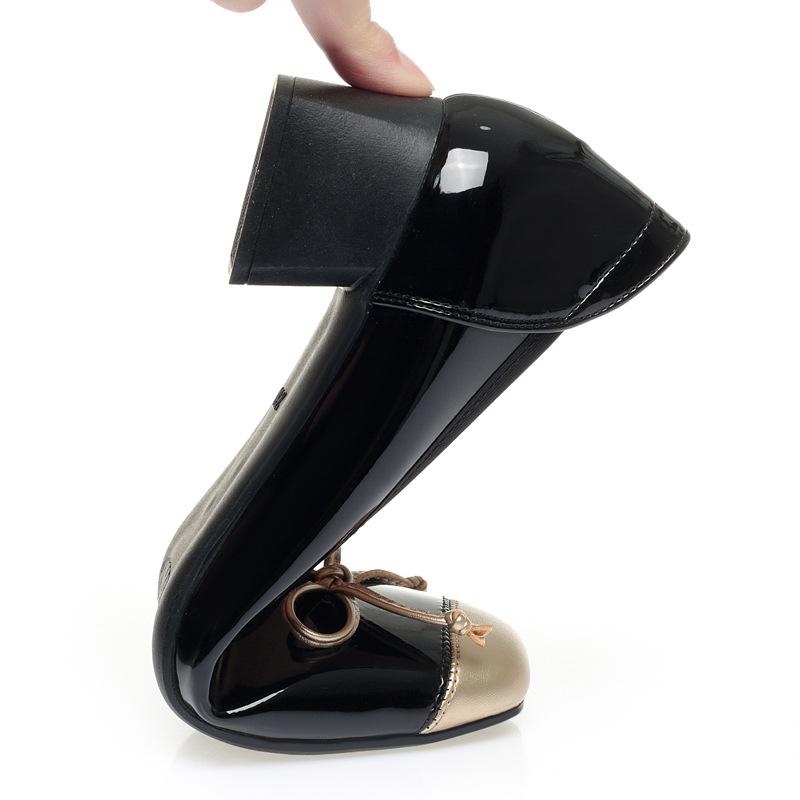 Bowknot Genuine Leather Round Toe Gold and Black Shallow-mouth Single Shoes One-step Elegant Mary Jane Single Shoes