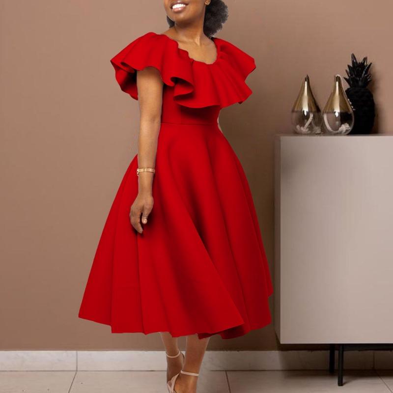Women Elegant Ruffled High Waist A Line Midi Evening Party Dress