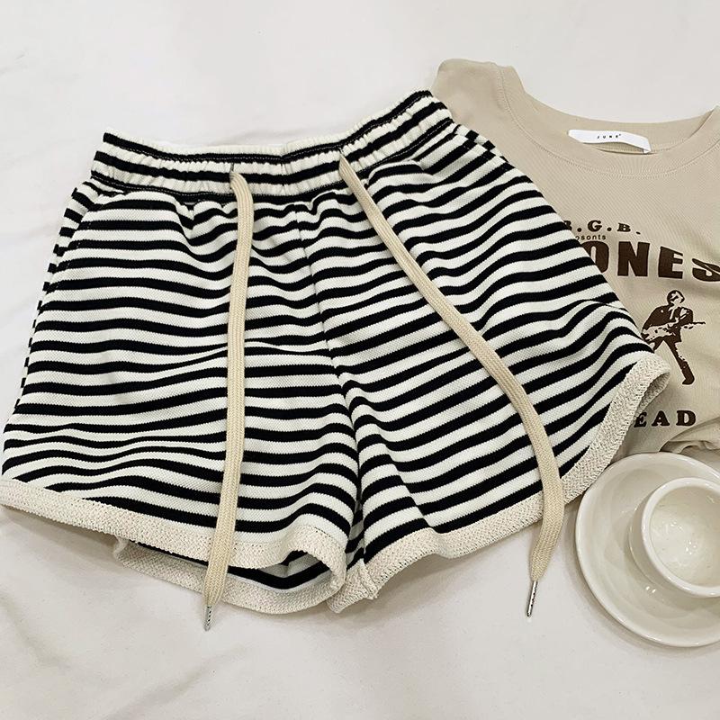 

Women s High-Waisted Striped Wide-Leg Summer Pants - Casual Mid-Length, Slimming Five-Point Sports Fit Small чёрный