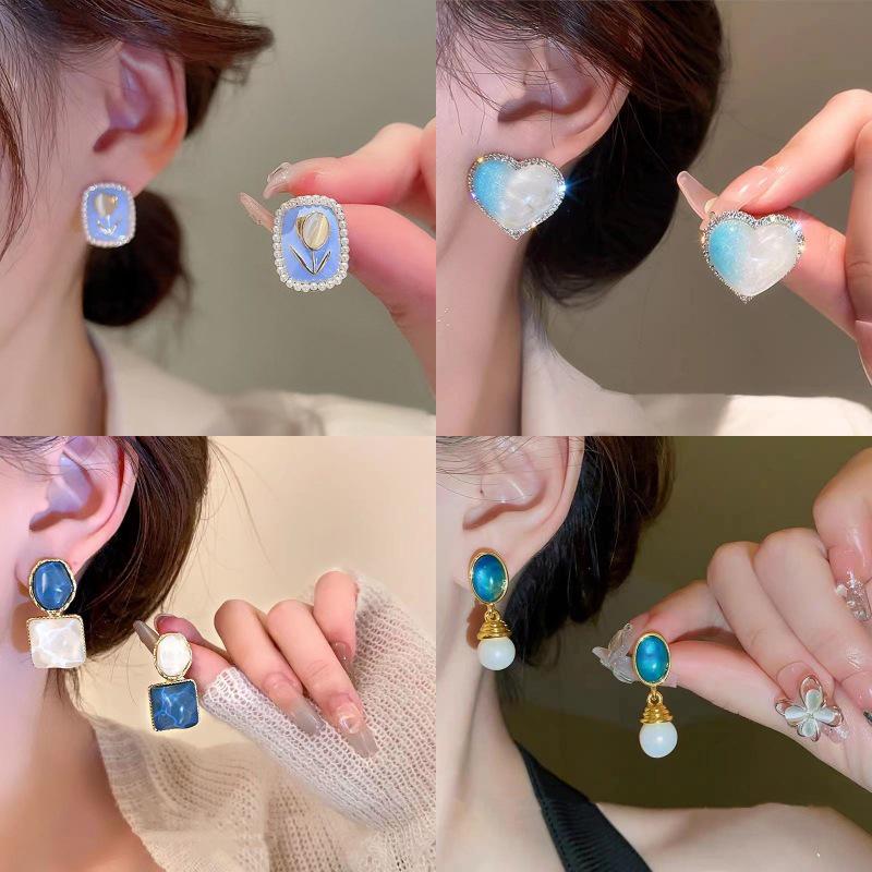 Exquisite Blue Series Luxury Stud Earrings for Women: Elegant, Versatile, and Stylish.