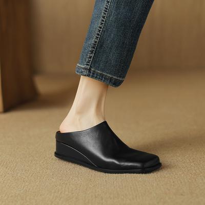 Fashion Summer Women Mules Genuine Leather Shoes for Women Cover Toe High Heel Slippers Concise Square Toe Strange Heel Women Sandals