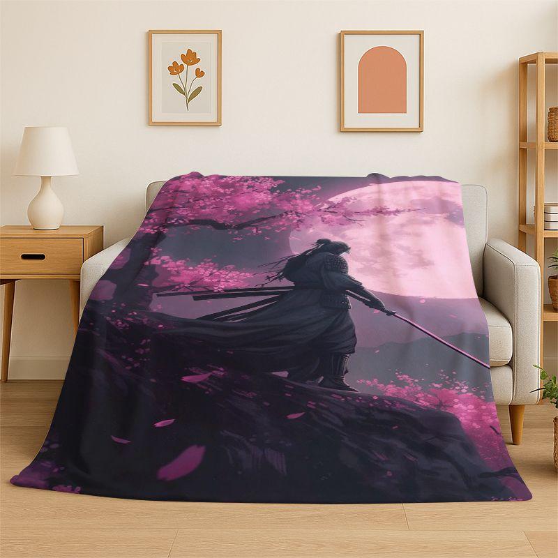 Japan Samurai Art Bushido Katana Cartoon Flannel Blanket Soft Throw Blanket for Bedroom Living Room Bed Travel Camping Nap Gift