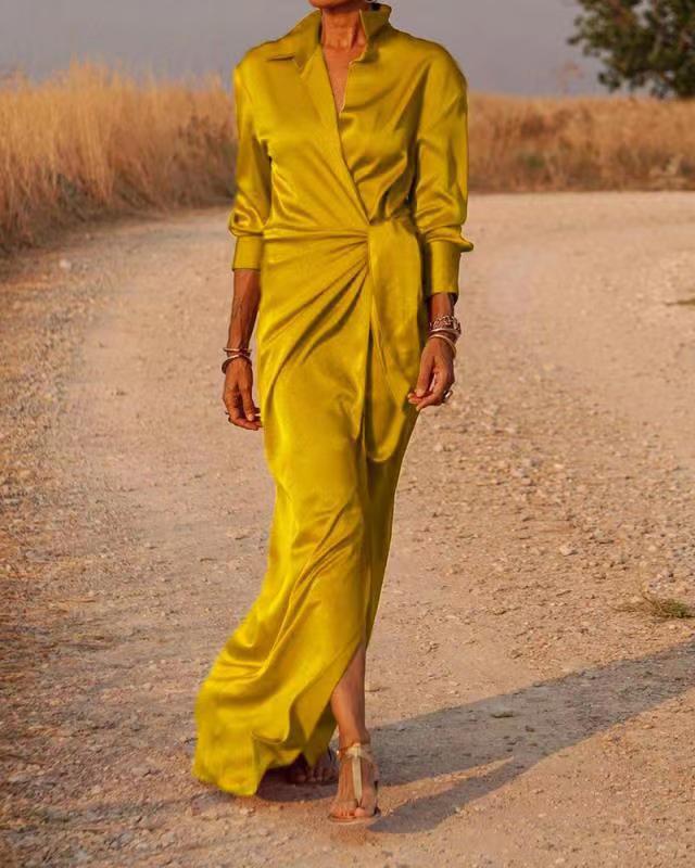 

2024 Autumn Women s Lace-Up High-Waisted Floor-Length Slit Dress with Long Sleeves and Turn-Down Collar 3XL золотий