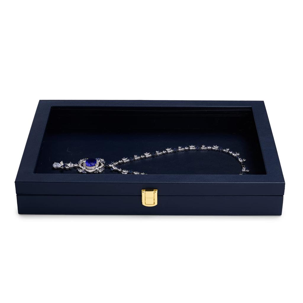 Papten Jewelry Tray with PU No Necklace Display and X05601 Lid, Leather, Dividers, Ring, Watch, Storage, Transparent, Portable, Luxury, Stylish,