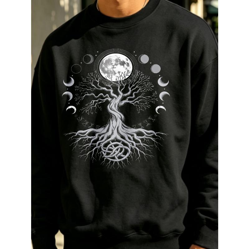 1pc Sweatshirt for Men, Gothic Tree of Life Moon Phase Print Pullover, Casual Streetwear Hip Hop Top for Male, PLUS SIZE
