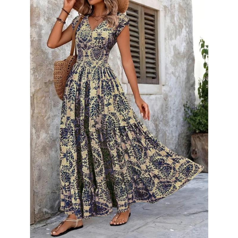 QICED Fashion Summer Spring Short Sleeve V-Neck Casual Dresses Unique Design