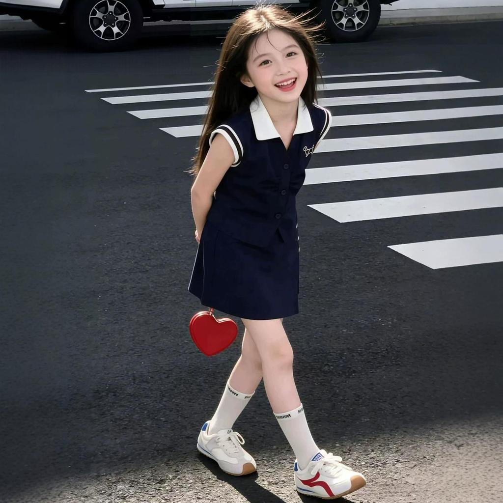 Girls' Summer Style Polo Collar Vest & Skirt Two-Piece Set - Trendy Korean-Inspired Outfit