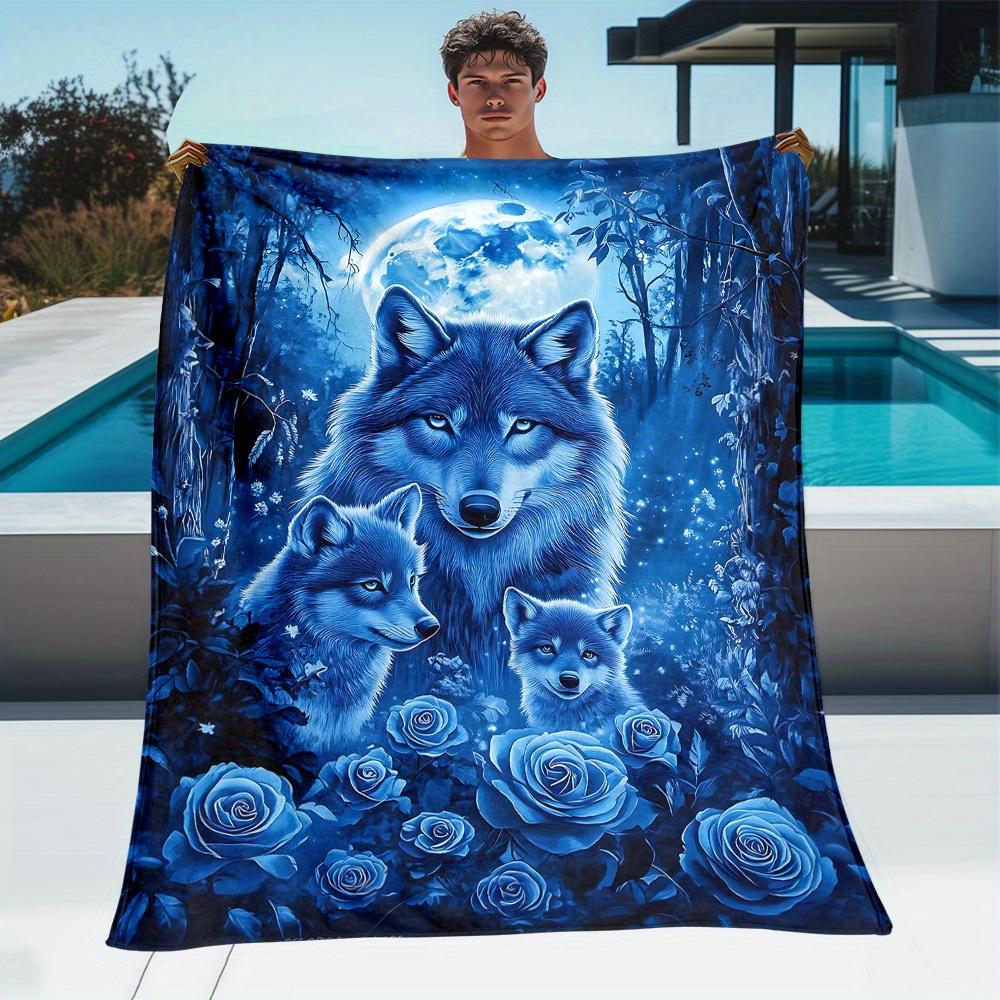 Wolves in Blue-Toned Forest Flannel Throw Blanket - Lightweight Portable All-Season Soft Warm Digital Print with 3 Wolves, Blue