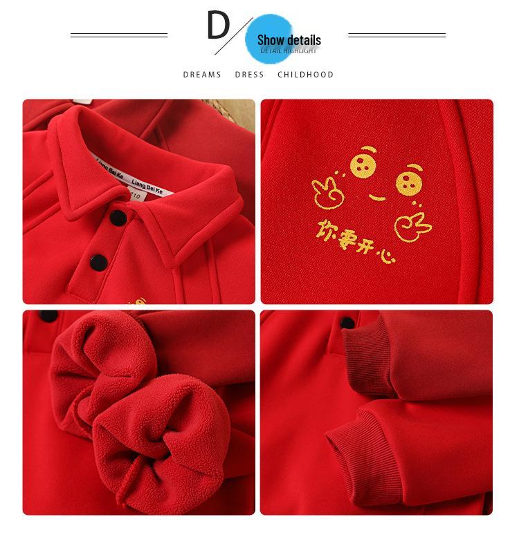 Boys' Red Fleece Hoodie - 2025 Autumn/Winter Zodiac Year of the Horse Outfit for Middle/Big Kids