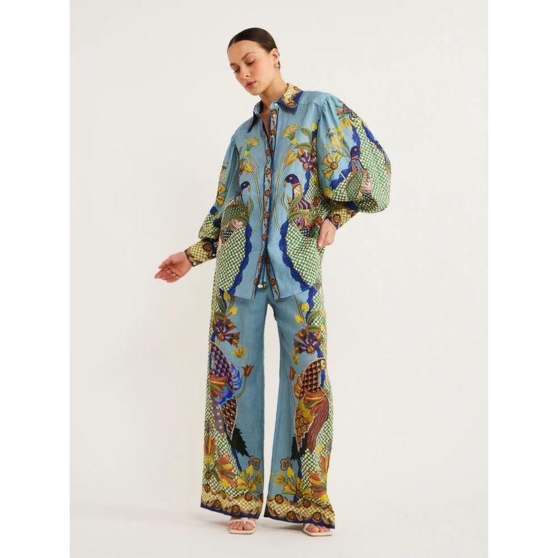 

Europe and America Cross Border 2023 Independent Station Fashion Stylish Print Puff Sleeves Travel Outfit Tether Suit Female Blue S