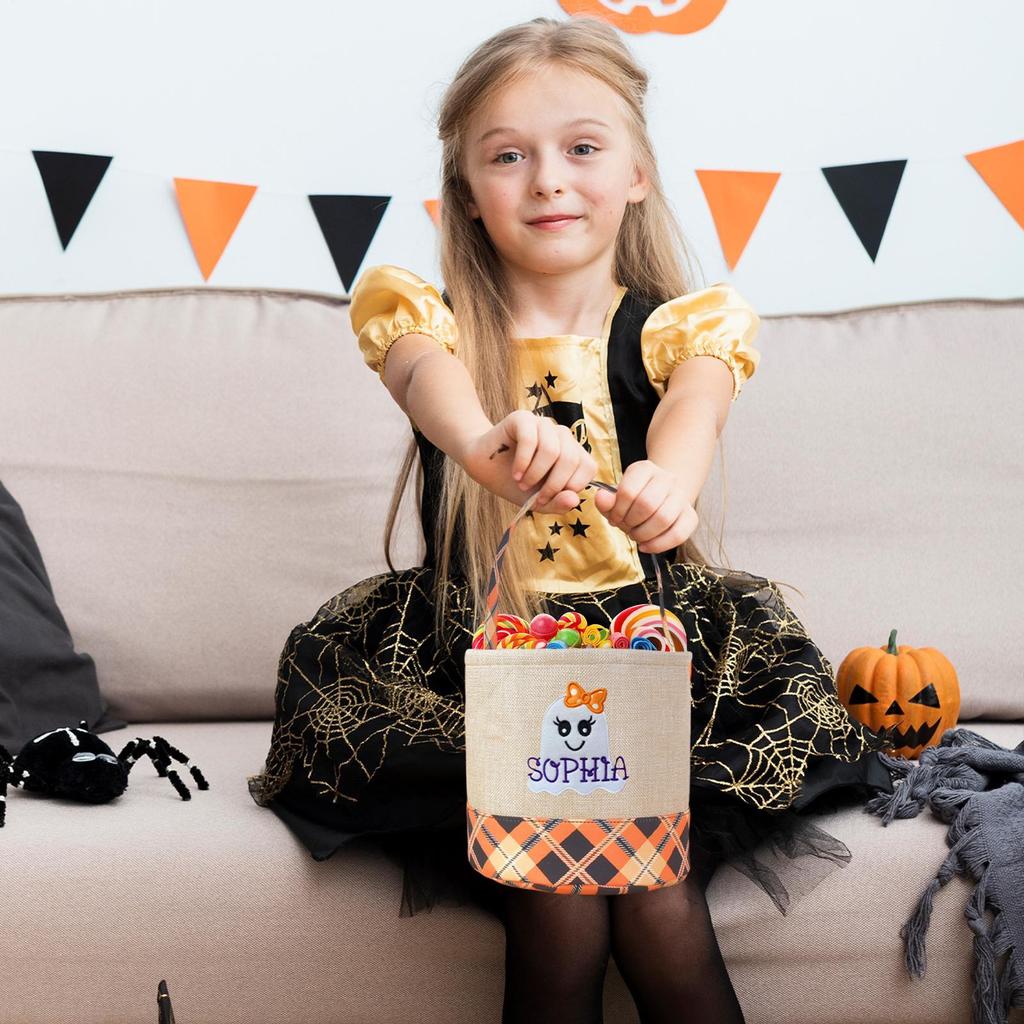 1pcs Kids Halloween Candy Bag Storage Basket Imitation Linen Plaid Fabric Design Portable Decoration Halloween Candy Bag