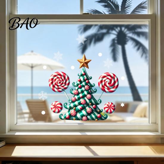 Holiday Party Supplies for Home Candy Christmas Tree Window Static Sticker, Waterproof PVC Removable Seasonal Glass Stickers Clings, Decorative Decal
