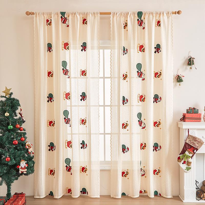 Santa Curtains Bedroom Christmas Decor Semi Blackout Curtains Lace Without Punching