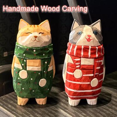 Weihnachtsdekorationen Holz Kätzchen Paar Skulptur Heimdekoration Handgeschnitztes Holz Kätzchen Ornamente Kleines Tier