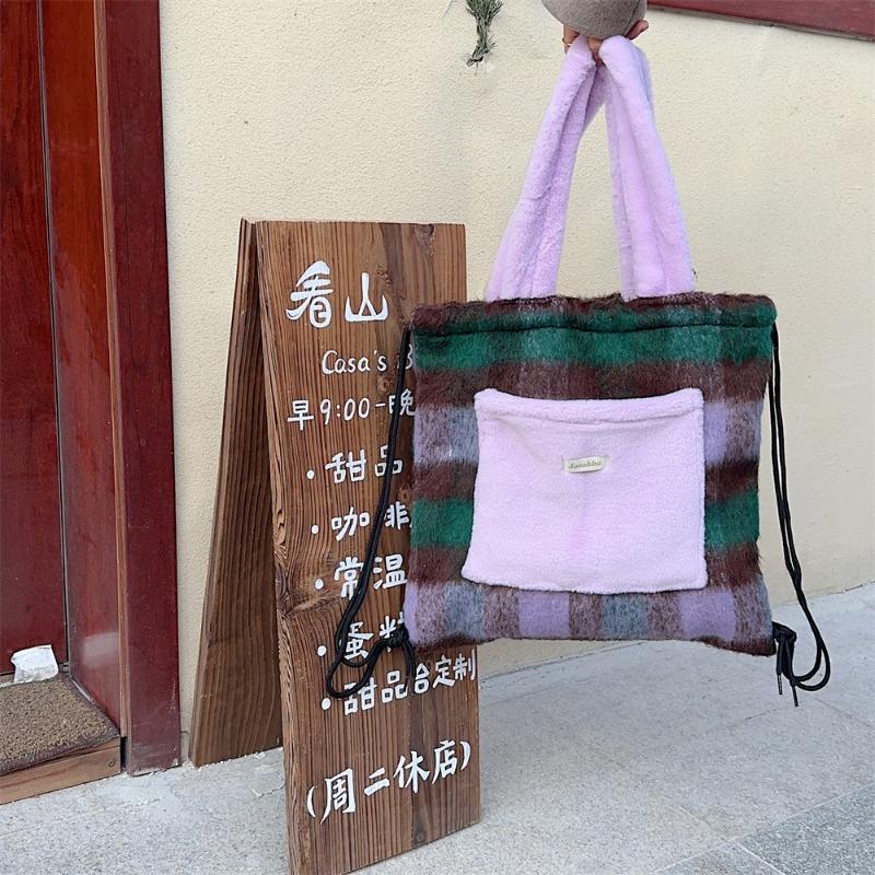 

21 Рюкзак-мешок на шнурке Шерстяной Большой вместимости Школьная сумка Студенческий Повседневный Наплечный рюкзак Внешний карман Женский