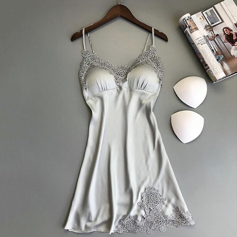 Rochie de noapte din satin de mătase, sexy pentru femei, Cămașă de noapte fără mâneci Cămașă de noapte cu decolteu în V Cămașă de noapte Lenjerie de noapte din dantelă Lenjerie de noapte