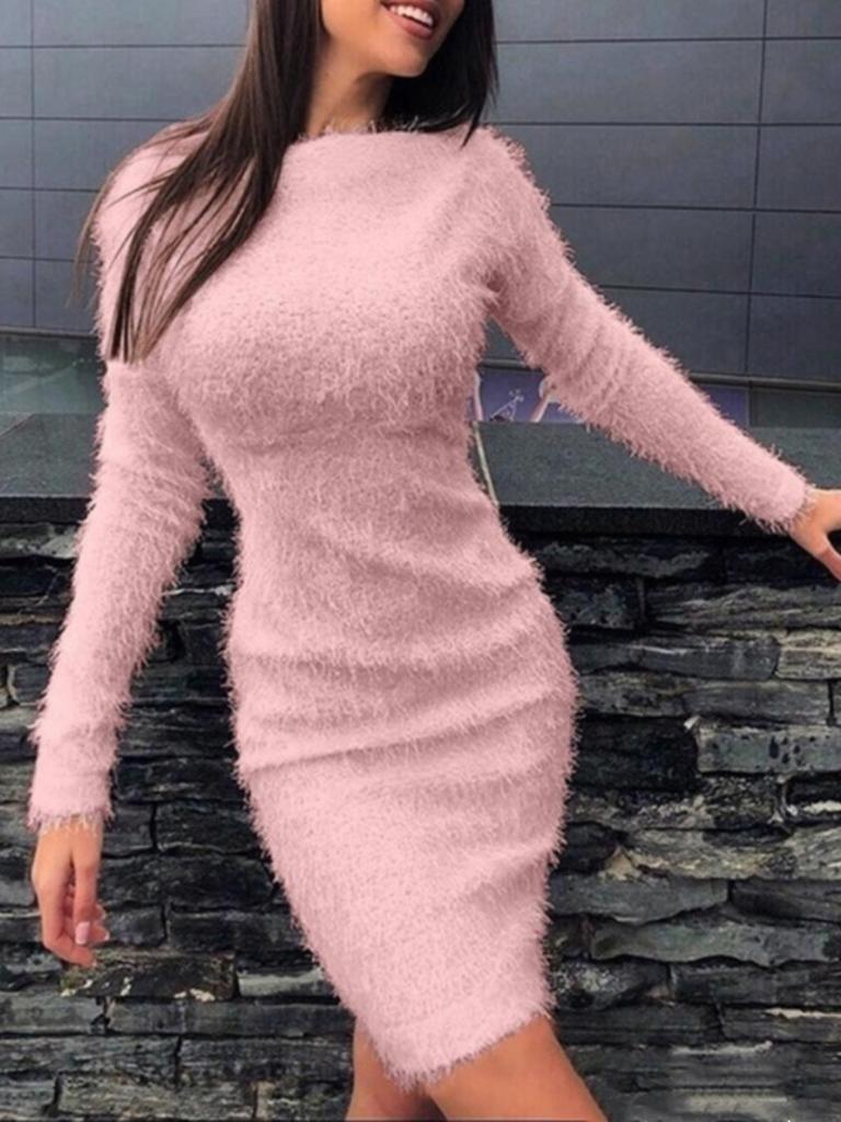Fur Sexy Bodycon Long Sleeve Dress for Women - Fall/Winter