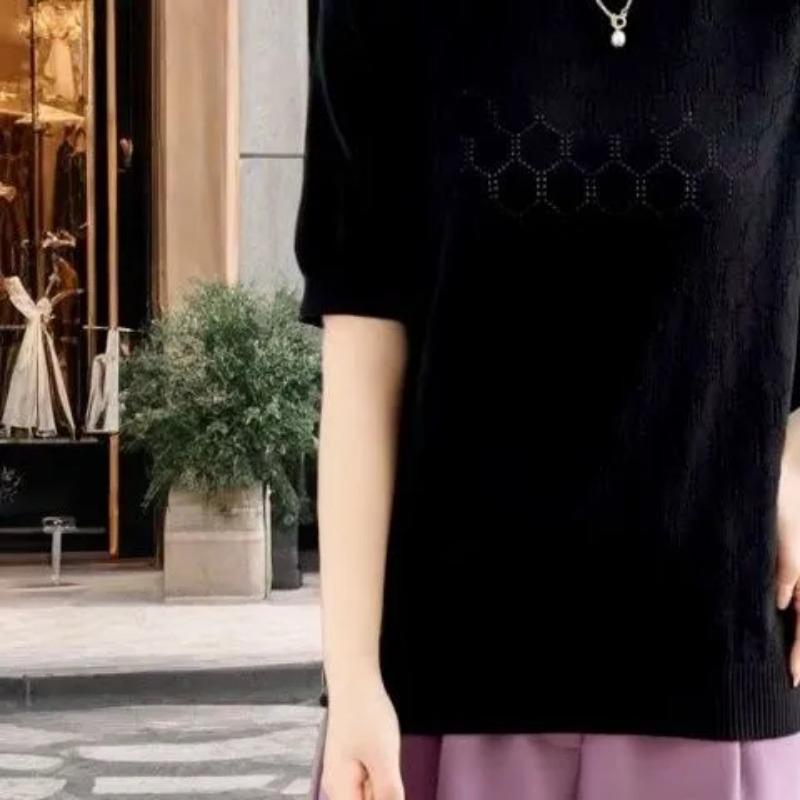 Purple Crew Neck Honeycomb Knit Short Sleeve Sweater for Women