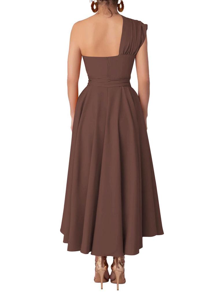 Summer Style Women's Sleeveless One-Shoulder Dress with Cinched Waist and Wide Hem