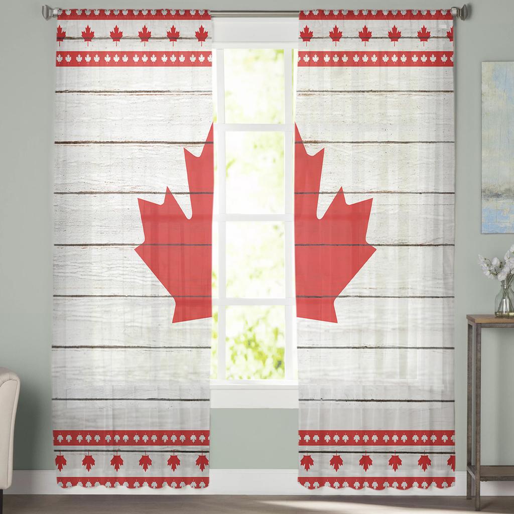 Autumn Maple Leaf Wood Plank Texture Tulle Curtains For Living Room Decoration Modern Chiffon Sheer Voile Kitchen Curtain