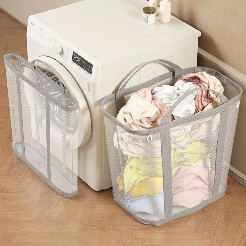 Nylon Mesh Laundry Basket With Handle Breathable Folding Portable Dirty Clothes Organizer Bags Large Capacity Toys Storage Bag