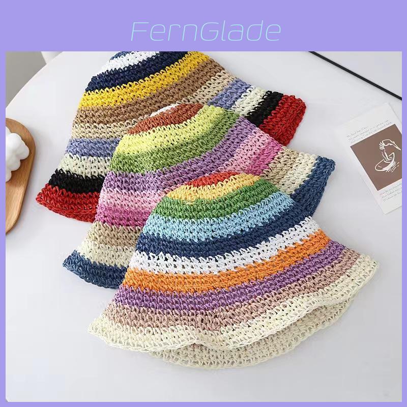 Cappello di Paglia Estivo Coreano con Arcobaleno Fatto a Mano a Falda Larga Protezione Solare per Vacanza al Mare