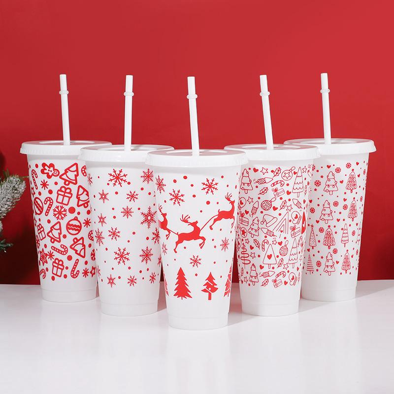 5Pack 24oz Christmas Plastic Cup with Lids Straws Reusable Christmas Juice Coffee Drinking Cups 2026 New Year Gifts Xmas Navidad