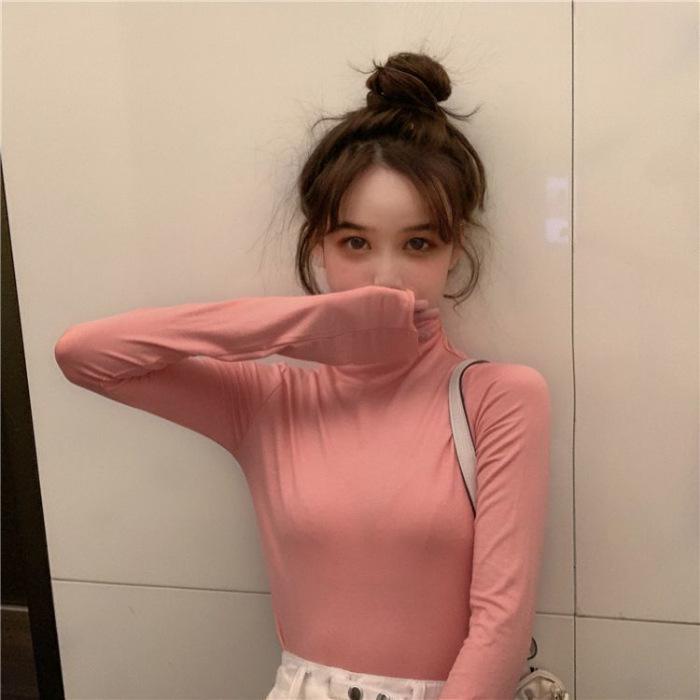 Women's Long-Sleeve T-Shirt: New Autumn/Winter Korean Style, High Neck, Slim Fit, Flattering with Ruffled Hem – Ideal Base Layer.